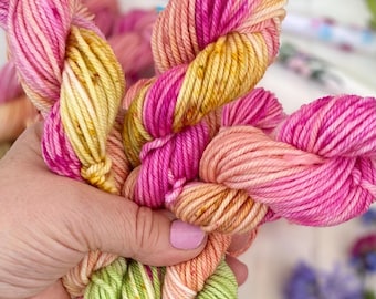 Hand Dyed  Yarn, DK Mini Skeins, Rosy Meadow, blend knitting, crochet SewHappyCreative