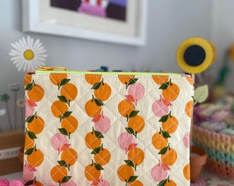 Patchwork Zipper Pouch, Crochet Project Bag, Craft Makeup Bag, 70s Vibe Fabrics, knitting, SewHappyCreative