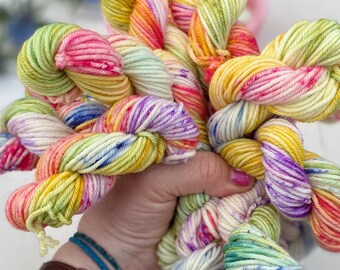 Hand Dyed Yarn DK, 3 mini skeins Super wash Merino, May Rainbow Drops   ideal for Knitting,Crochet Yarn, SewHappyCreative