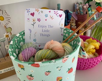 Fabric Basket, hand dyed yarn, craft storage, project bag, Knitting, Crochet. SewHappyCreative