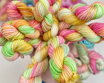 Hand Dyed Yarn DK, 3 mini skeins Super wash Merino, Easter Posy ideal for Knitting,Crochet Yarn, SewHappyCreative