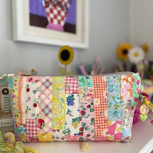 Patchwork fabric scrappy Zipped Notions Pouch, Lucky Dip,make up bag,crochet Project Bag,Knitting, SewHappyCreative,