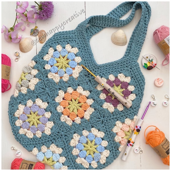 Flower Festival Bag, Grandma Square Haakpatroon, Strandtas, haakpatroon, SewHappyCreative, pdf patroon, instant dowload, foto tutorial