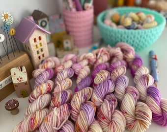 Hand Dyed  Yarn, DK Mini Skeins, Berry Rainbow  blend knitting, crochet SewHappyCreative
