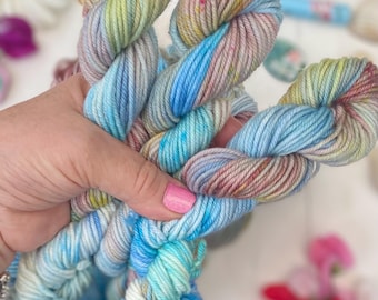 Hand Dyed  Yarn, DK Mini Skeins, Mountain Stream blend knitting, crochet SewHappyCreative