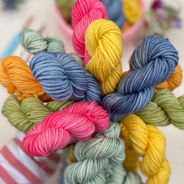 Yarn Tonals Box, Hand Dyed Yarn set of 6 20gram mini skeins DK , Superwash Merino, Knitting and Crochet Yarn. SewHappyCreative mitre blanket