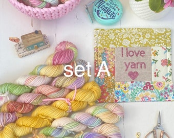 Yarn Treat Box, Hand Dyed Yarn set of 5 20gram mini skeins DK , Superwash Merino, Knitting and Crochet Yarn. SewHappyCreative mitre blanket