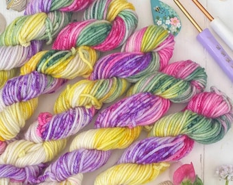 Hand Dyed Yarn DK, 3 mini skeins Super Wash Bright Meadow  ideal  for Knitting,Crochet Yarn, SewHappyCreative
