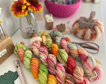 Hand Dyed Yarn DK Bundle  : Merino Blend, Crochet, Autumn Fall Set Knitting SewHappycreative
