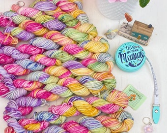 Hand Dyed Yarn DK, 3 mini skeins Super wash Merino, Rainbow Drops   ideal for Knitting,Crochet Yarn, SewHappyCreative