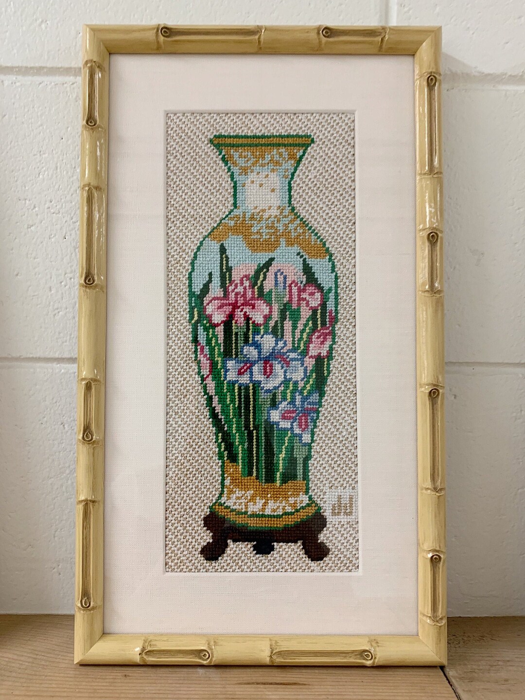 Vintage Turquoise Chinoiserie Asian Needlepoint Vase With a Etsy