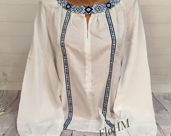 Vyshyvanka Embroidered Blouse Ukrainian Shirt White Romanian Boho Blouse Gift For Her