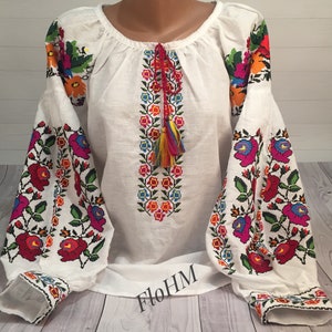 Vyshyvanka Ukrainian Embroidered Blouse Traditional Women Shirt White Linen Peasant Ethno Folk