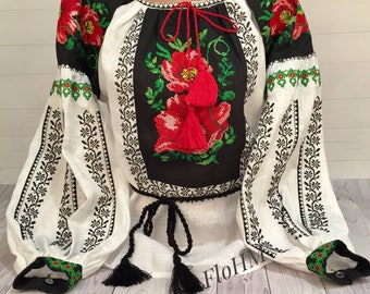 Vyshyvanka Ukrainian Embroidered Blouse Romanian Shirt Linen Boho Folk Peasant Floral Blouse Gift For Her