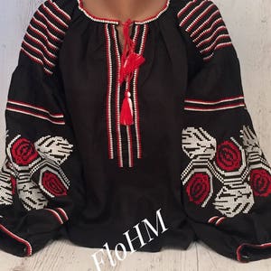 Ukrainian Black Gorgeous Embroidered Blouse in Ukrainian Folk Style, Boho Blouse, Linen Blouse