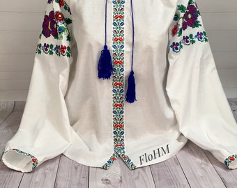 Embroidered Blouse Ukrainian Vyshyvanka Shirt Romanian Peasant Boho Folk Ethno White Blouse Gift For Her