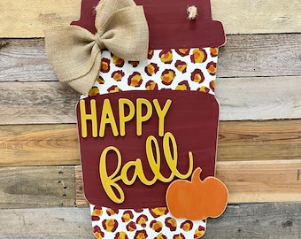 Fall Door Hanger | Hello Fall | Coffee Cup Door Hanger | Cheetah Fall Decor | Hello Fall Door Decor | Cheetah Print | Fall Decor