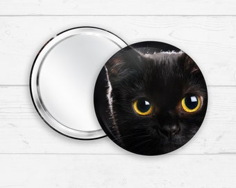 Black Cat Pocket Mirror - Hand Mirror with Black Velvet Bag - 77mm Handheld Mirror