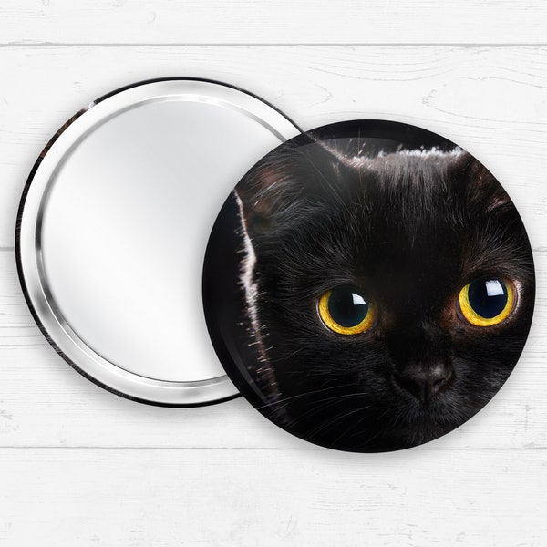 Black Cat Pocket Mirror - Hand Mirror with Black Velvet Bag - 77mm Handheld Mirror