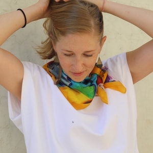Girl Silk scarves for neck and hair, Gaudi Barcelona square silk scarf