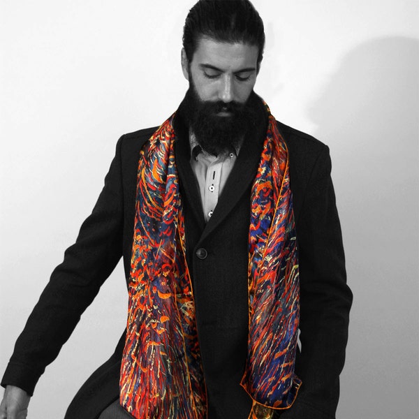 Mens silk scarves, Beard complement, Spring watercolor print scarf, Red fire scarf, Navy silk scarf, Men gifts ideas, long scarves for men