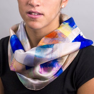 Silk scarves for women, Watercolor print lightweight scarf, Blue moisaic Dress accessory image 9