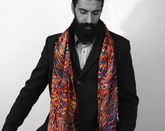 Mens silk scarves, Beard complement, Spring watercolor print scarf, Red fire scarf, Navy silk scarf, Men gifts ideas, long scarves for men