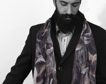 Man silk scarf, Beard complement, Feathers watercolor print scarf, Black fulard, Navy silk scarf, Men gifts ideas, long scarves for men