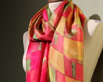 Light silk scarf with pink and yellow geometric print