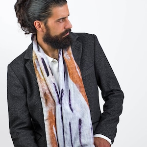 Elegant silk scarf for men; artistic print in white, browns and black. Long and light design.