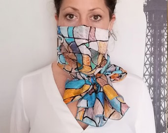 Silk face mask scarf, Convertible silk scarf mask, Bandana silk scarf for women, Turquoise Blue Gold long art silk scarf