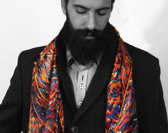 Mens Scarf, Bonfire Printed Silk Scarf, Business casual Mens clothing, Thoughtful Gift for him