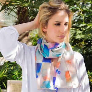 Silk scarves for women, Watercolor print lightweight scarf, Blue moisaic Dress accessory image 1