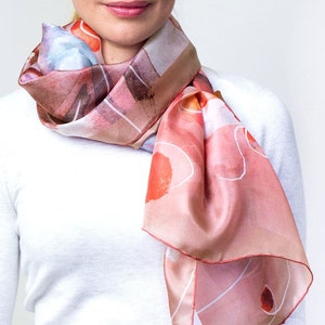 Watercolor palette coral scarf, Blush pink silk scarf girlfriend image 7