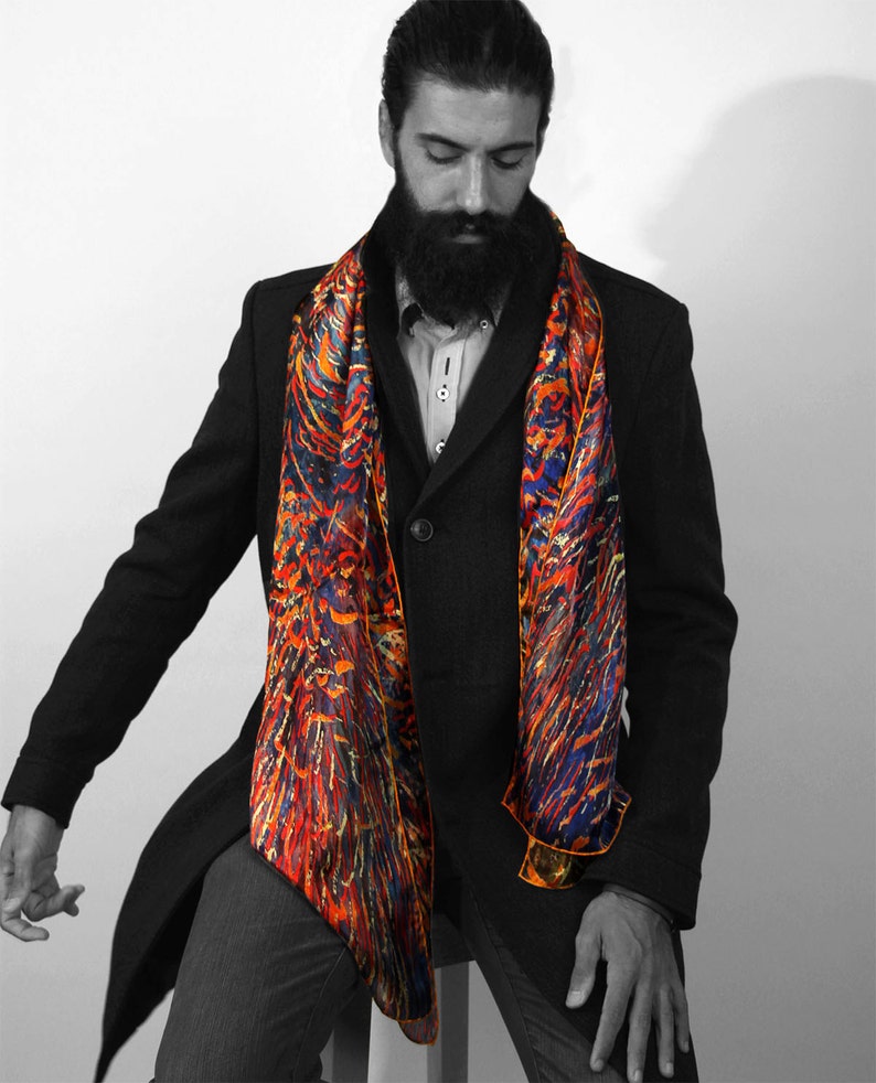 Mens Silk Scarves, Beard Complement, Spring Watercolor Print Scarf, Red ...