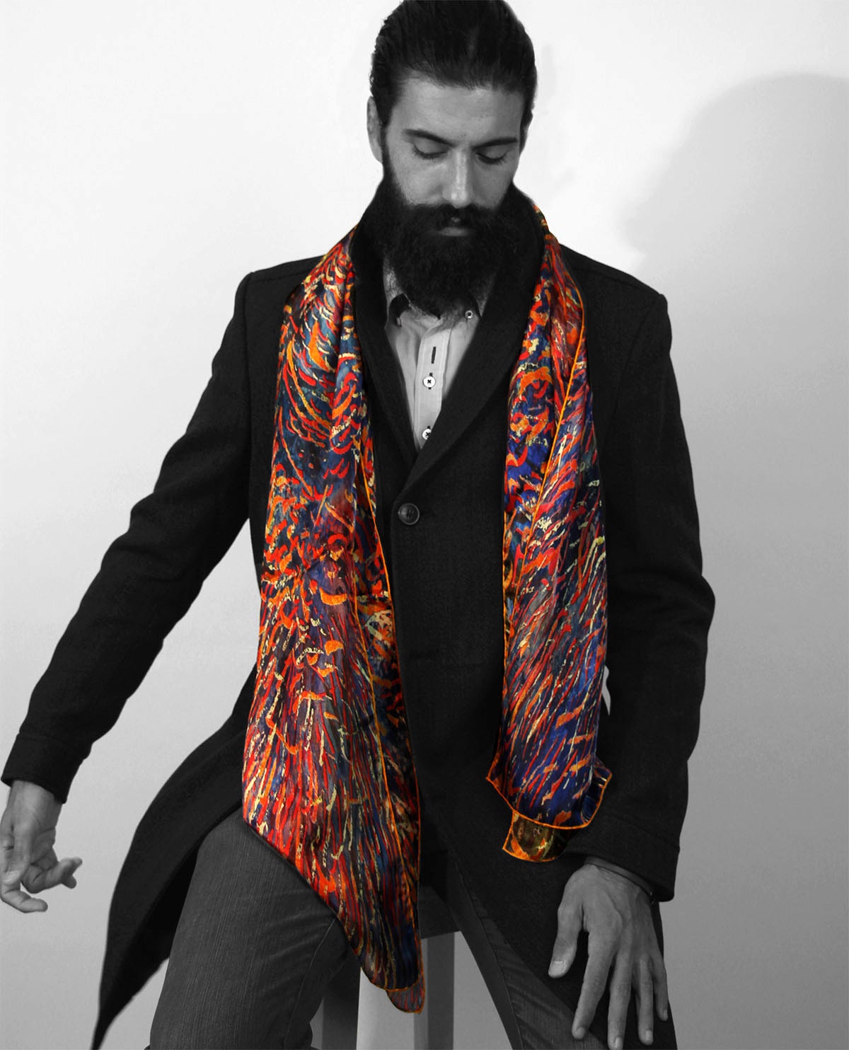 Mens Silk Scarves Beard Complement Spring Watercolor Print 