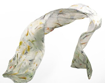 White silk scarf Feather print, Off white and silver silk chiffon wedding evening shawl