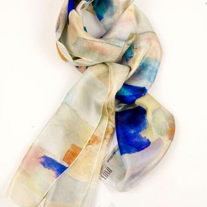 Silk scarves for women, Watercolor print lightweight scarf, Blue moisaic Dress accessory image 7