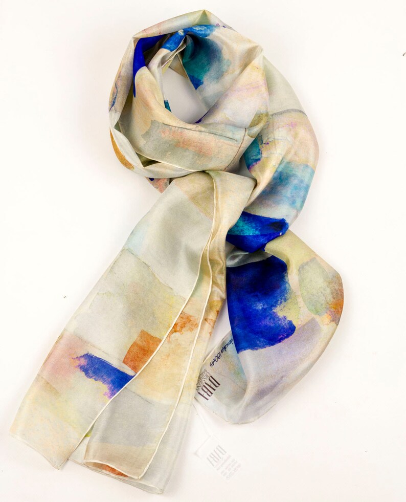 Silk scarves for women, Watercolor print lightweight scarf, Blue moisaic Dress accessory image 7