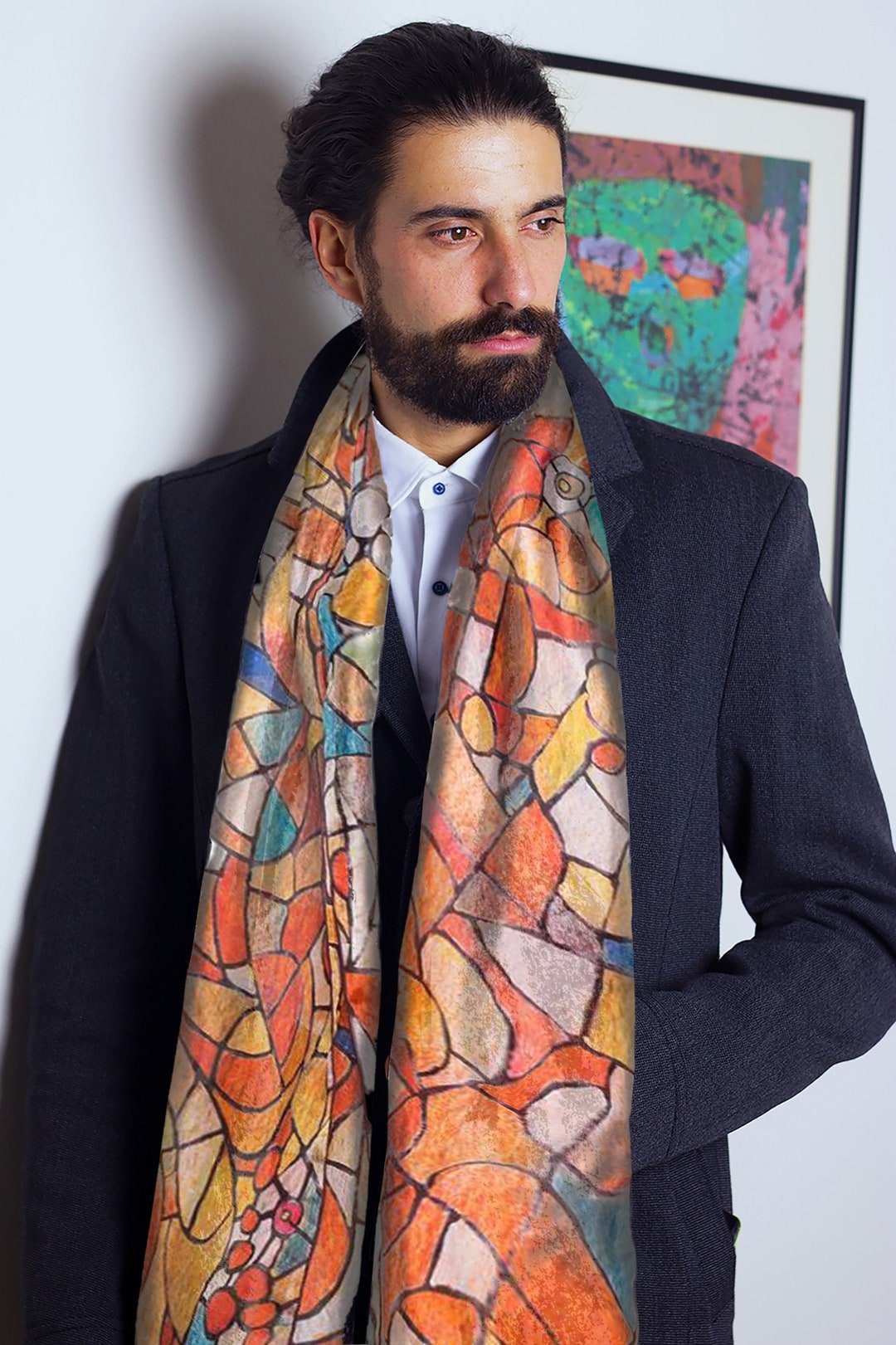 Red Men Silk Scarf, Menswear Accessory, Alternative Mens Silk Scarf 7th