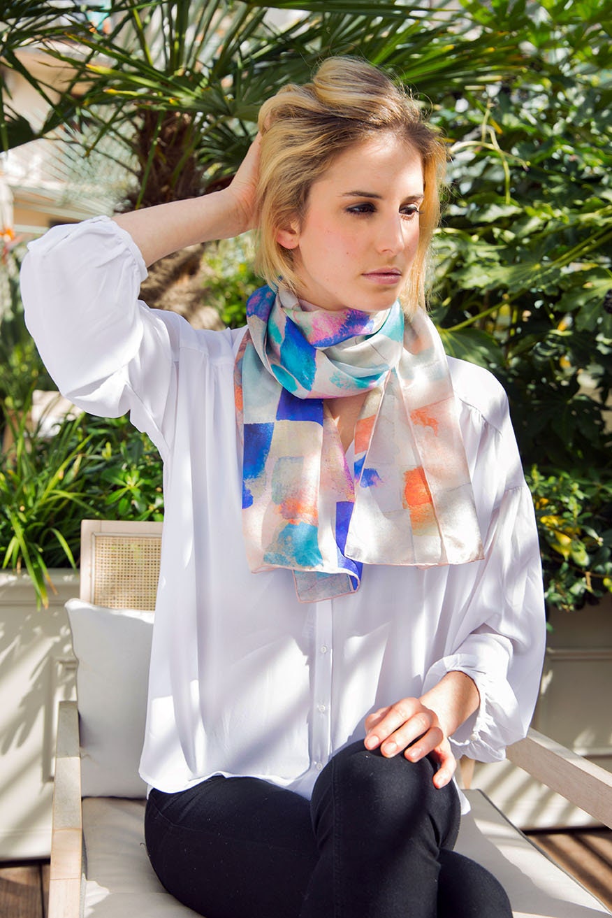 Silk Scarves for Women, Watercolor Print Lightweight Scarf