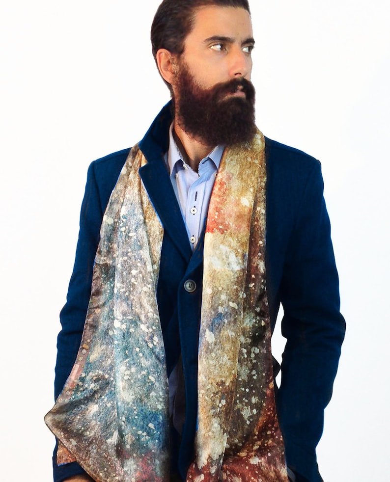 Galaxy Scarf Menswear accessory, Mens silk scarf 7th anniversary gift for him image 1