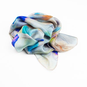 Silk scarves for women, Watercolor print lightweight scarf, Blue moisaic Dress accessory image 4