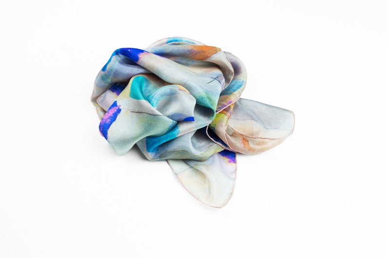 Silk scarves for women, Watercolor print lightweight scarf, Blue moisaic Dress accessory image 4