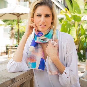 Silk scarves for women, Watercolor print lightweight scarf, Blue moisaic Dress accessory image 3