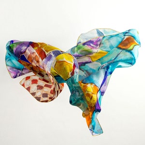 Gaudi Mosaic large silk scarf, Turquoise shawl scarf for women