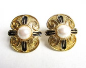 Hallmarked Large Pearl Glass Ball, Black Gold Vintage Statement Clip Back Earrings - Signed Caraline USA - Heavy Gold - NY Estate Jewelry