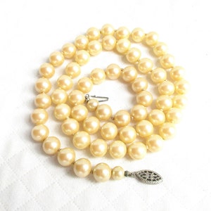 Sterling Silver Filigree Clasp & Glass Pearl Beaded Vintage Necklace - Hallmarked - Individually Knotted - NY Estate Jewelry