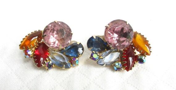 Colorful and Large Glass Stone Vintage Clip Back … - image 3