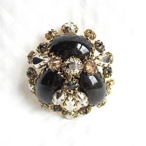 SCHREINER New York Metallic Rhinestone & Black Glass Vintage High Domed Brooch - Designer Signed - NY Estate Jewelry